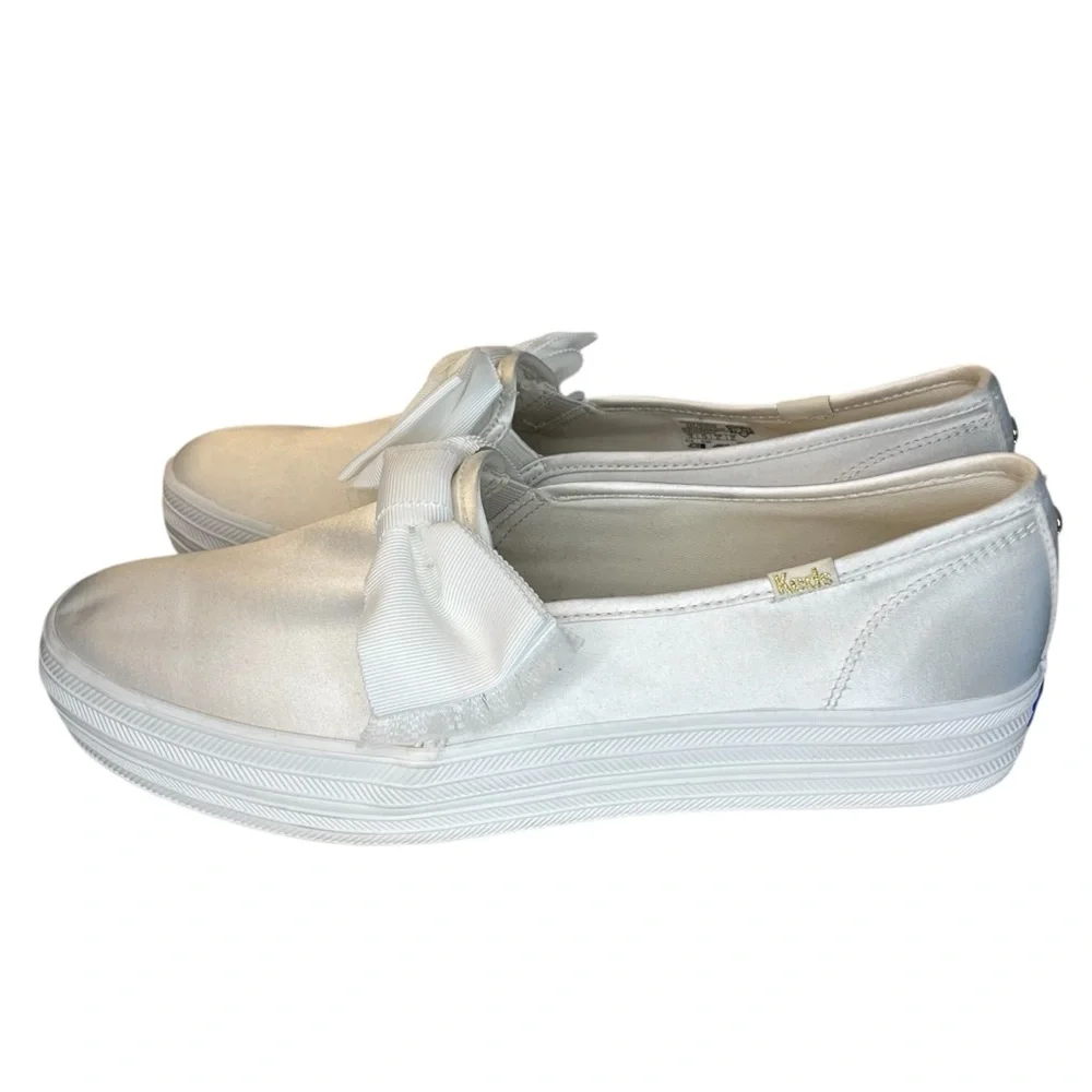 Kate Spade X Keds White Triple Decker Slip-On Satin Bow Platform Sneaker Bridal - Picture 7 of 11